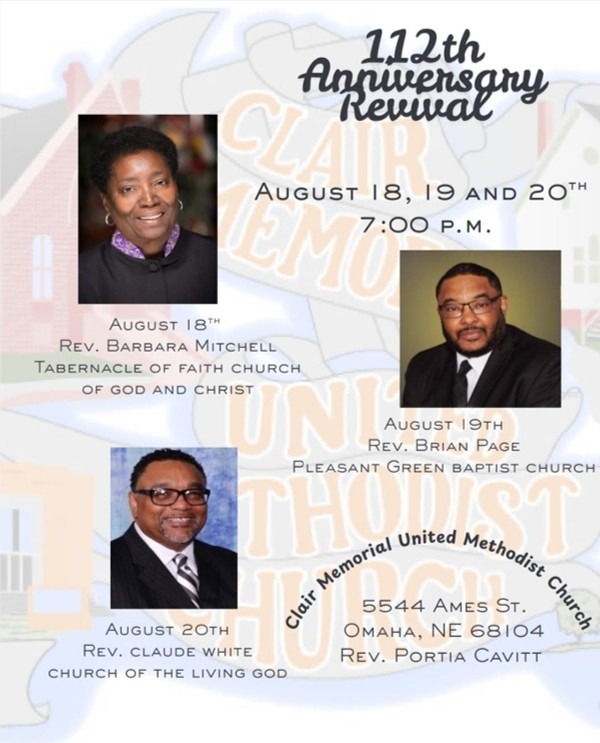 2025 Church Anniversary Revival August 18- August 20 at Clair Memorial UMC.